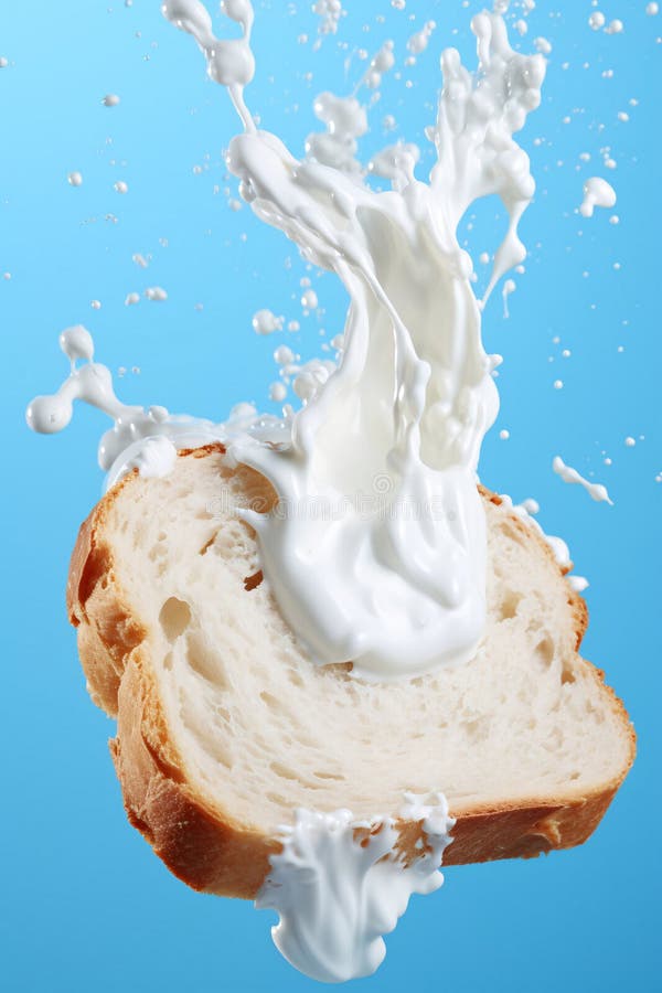 Milk splash on sliced bread against blue background AI Generated. Bread and milk collision creating a dynamic splash AI Generated