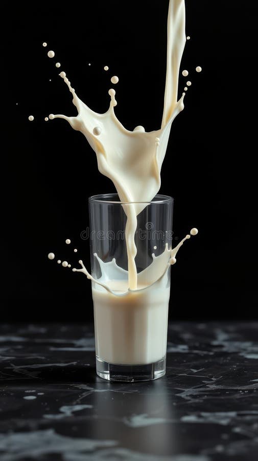 Milk splashes dramatically from a glass on a dark background in a creative display of motion and texture stock image