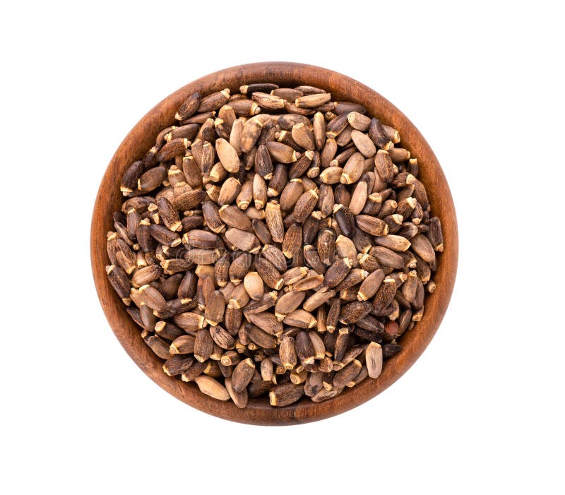 Milk Thistle seed in wooden bowl, isolated on white background. Silybum marianum, Scotch Thistle or Marian Thistle. Top stock photography