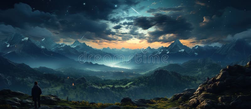 Milky Way Arch and Man on the Mountain Peak at Starry Night Stock Image ...
