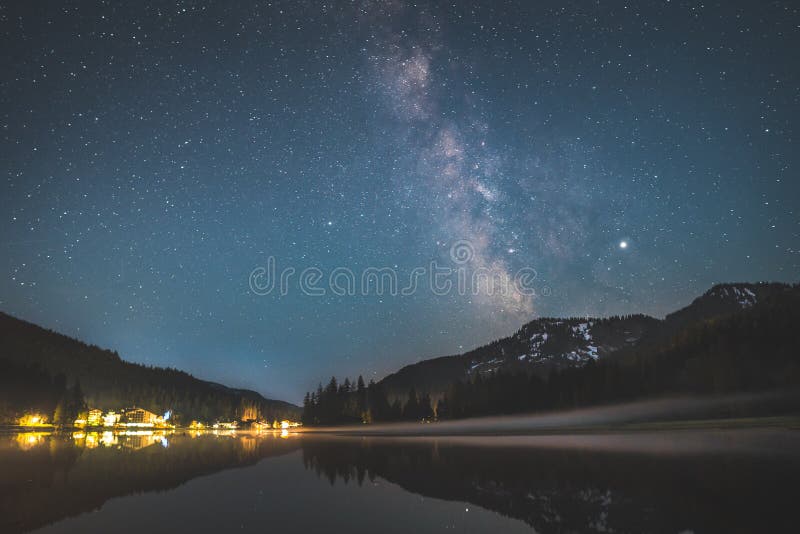 Milky way over lake Spitzingsee in the bavarian alps