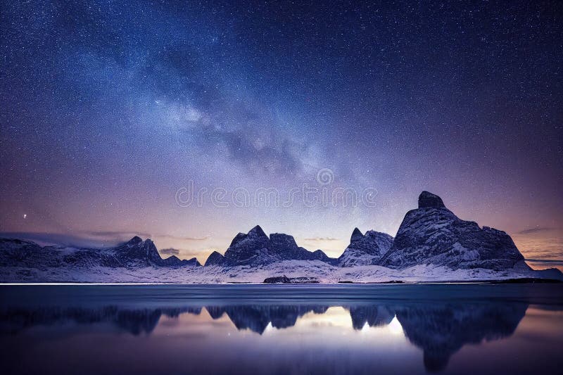 Milky Way Over Snowy Mountain Range at Night. Stock Illustration