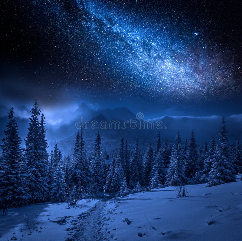 Milky way and Tatras Mountains in winter at night, Poland
