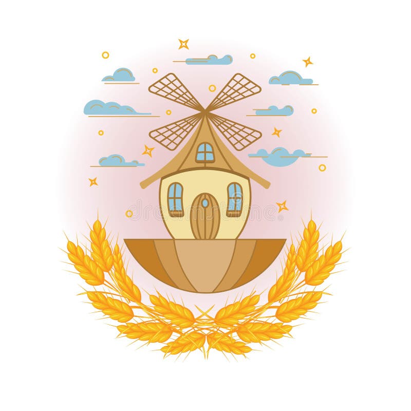 Mill. Color image of a mill and ears of wheat on a white background. Design element. Vector illustration
