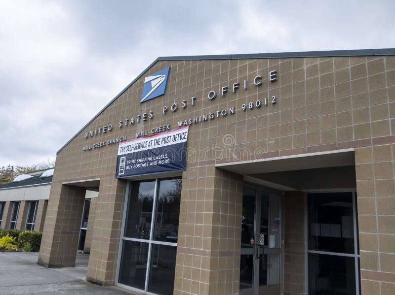 Low angled view of the entrance to the Mill Creek United States Post Office building. Low angled view of the entrance to the Mill Creek United States Post Office building