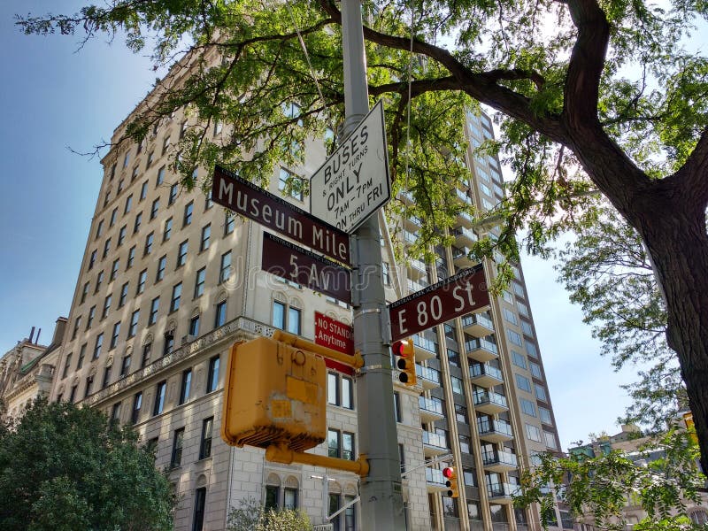 Milla del museo, 5ta avenida en la calle del este 80.o, placas de calle, señal escénica del Central Park, zona este superior, Man fotografía de archivo Milla del museo, 5ta avenida en la calle del este 80.o, placas de calle, señal escénica del Central Park, zona este superior, Man fotografía de archivo