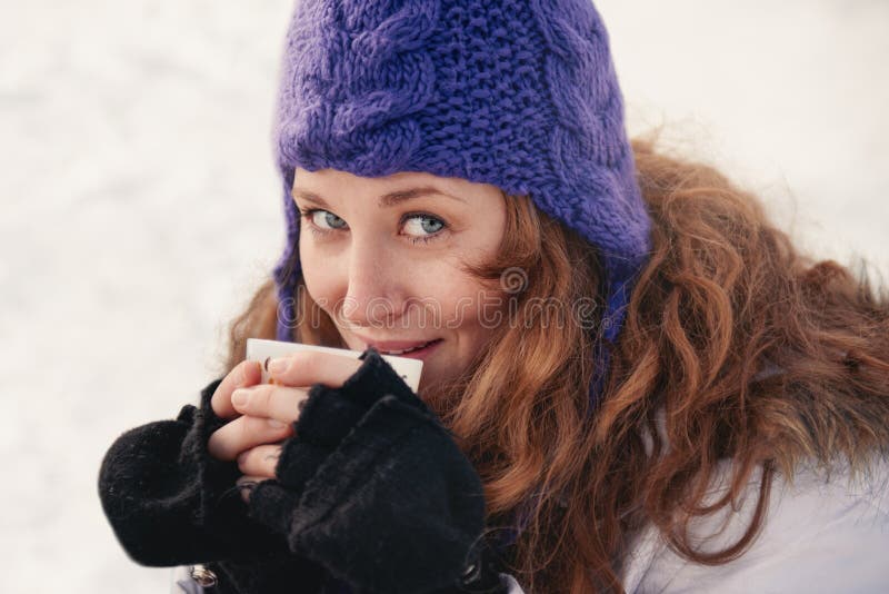 Solo Woman Enjoying Cocoa in the Snow in Winter Stock Image - Image of ...