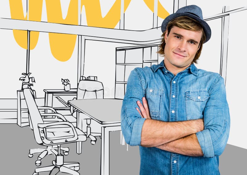 Millennial manarmar vikta i fedora mot grå färger och gul hand dragit kontor vektor illustrationer