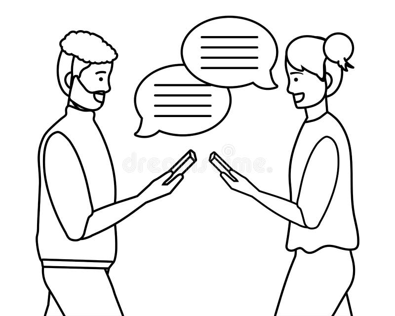 Millennial Smartphone Chat Conversation Black and White Stock Vector