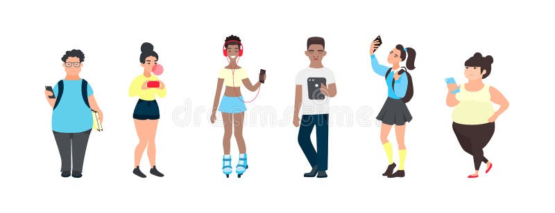Millennial teenagers with smartphones. Group of multicultural friends using gadgets. Teens using social media. stock illustration Millennial teenagers with smartphones. Group of multicultural friends using gadgets. Teens using social media. stock illustration