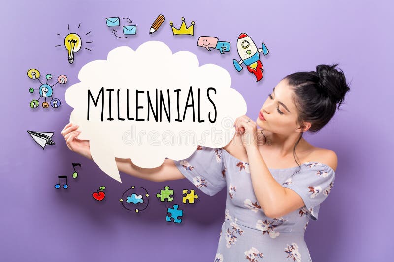 Millennials con la mujer que lleva a cabo una burbuja del discurso foto de archivo Millennials con la mujer que lleva a cabo una burbuja del discurso foto de archivo