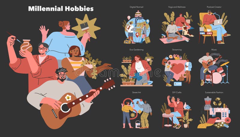 Millenniehobbies. illustration av flata vektorer vektor illustrationer