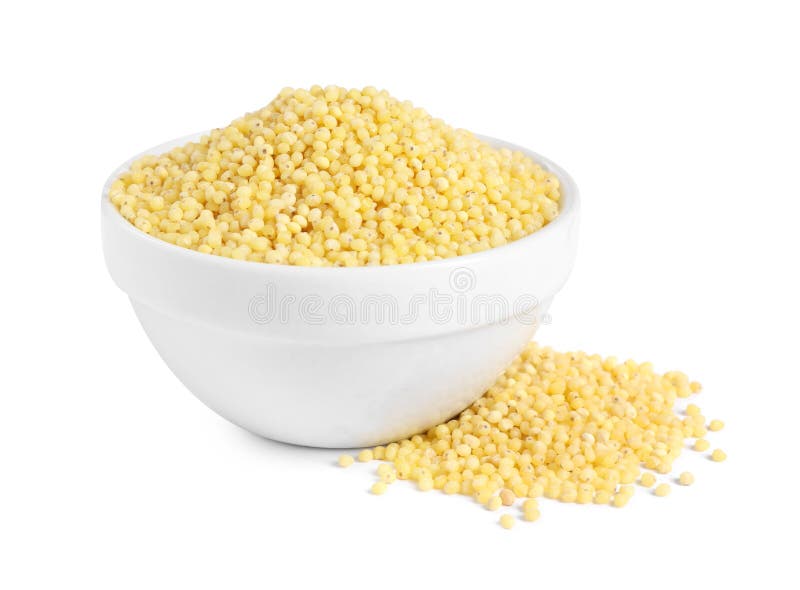 Millet groats in bowl isolated on white royalty free stock image