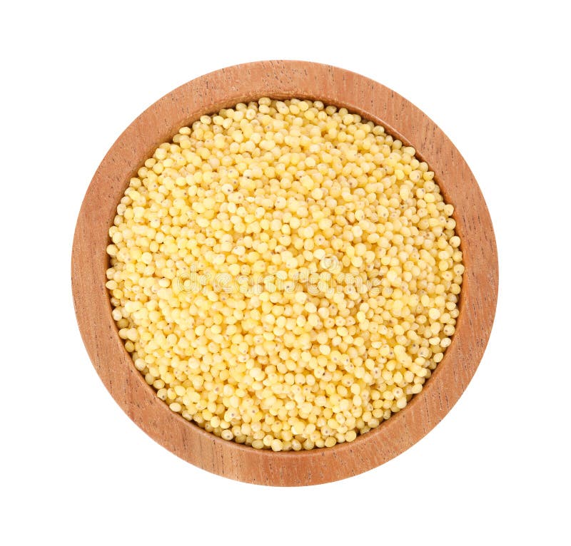 Millet groats in bowl isolated on white, top view royalty free stock photo
