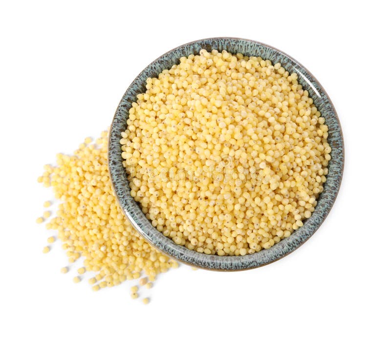 Millet groats in bowl isolated on white, top view stock images