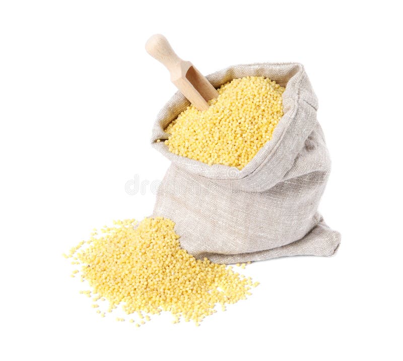 Millet groats in burlap with scoop isolated on white stock photos