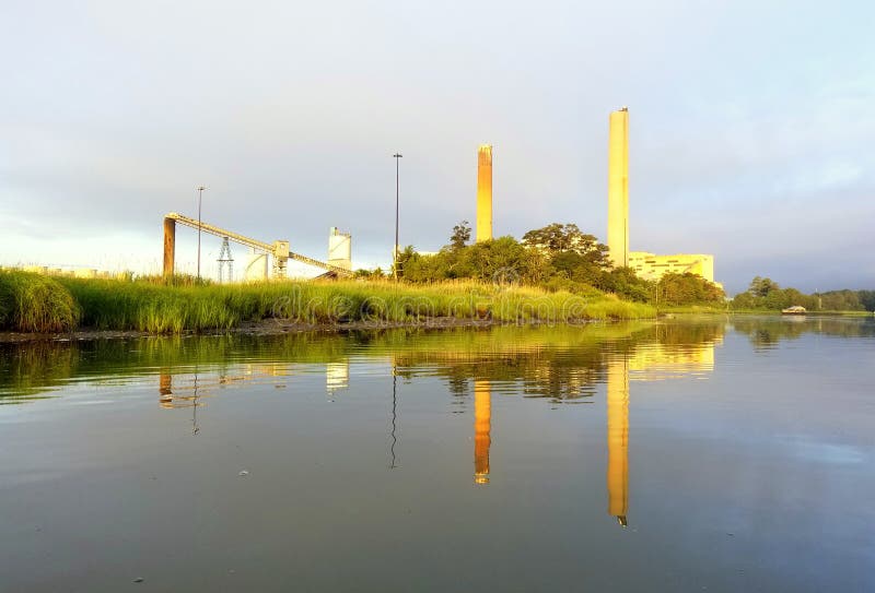 View of Indian River Plant with Reflections on the Bay Photography Image of morning, saltwater: 188190672