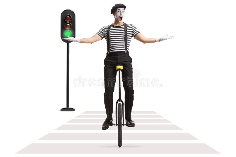 Mime riding a unicycle at a pedestrian crosswalk isolated on white background. Mime riding a unicycle at a pedestrian crosswalk isolated on white background