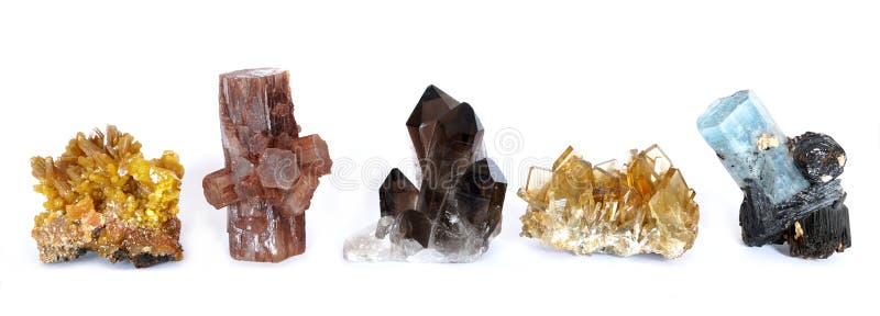 Mimetite, Aragonite, quarzo fumoso, Baryte e acquamarina con i cristalli della tormalina immagine stock libera da diritti Mimetite, Aragonite, quarzo fumoso, Baryte e acquamarina con i cristalli della tormalina immagine stock libera da diritti