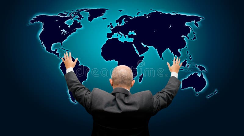 Business man with hands in the air in front of a blue glowing world map - high details. Business man with hands in the air in front of a blue glowing world map - high details