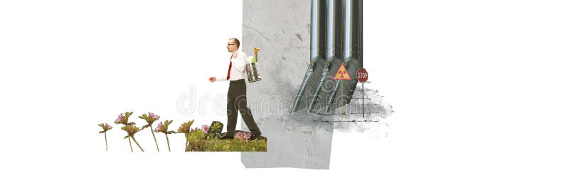 Mina in formal wear walking with watering can. Stop water and air pollution. Contemporary art collage. Concept of ecology, environment, problem, awareness, taking care after Earth