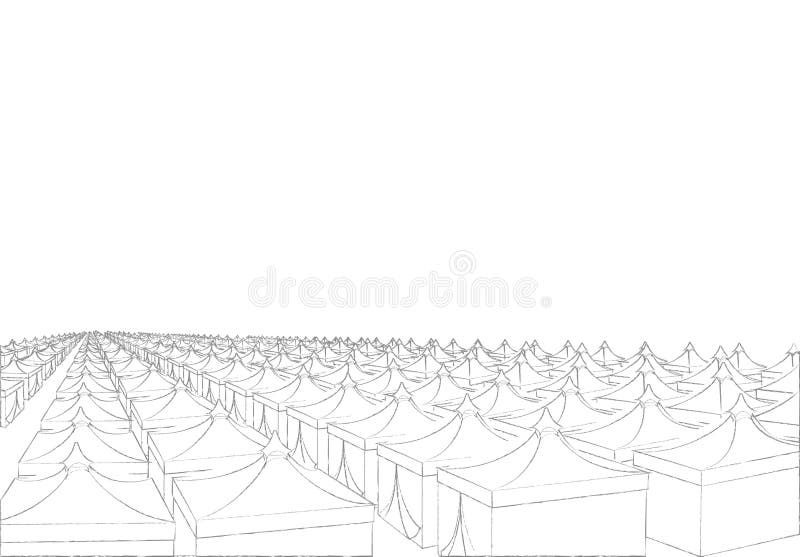 Mina hajj tents in Saudi Arabia for pilgrims. Islamic pilgrimage. Pillar of Islam. Vector drawing pencil illustration