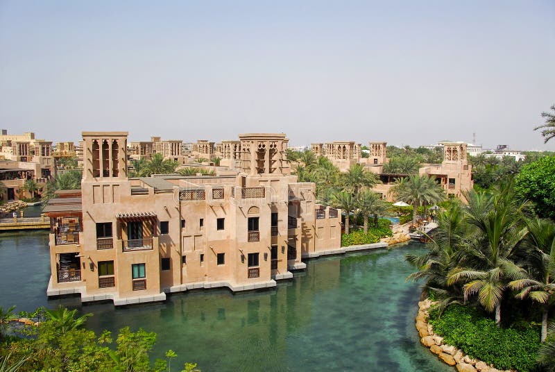 Architecture, Windtowers & Canals Of Very Tropical Looking Madinat Jumeirah. Architecture, Windtowers & Canals Of Very Tropical Looking Madinat Jumeirah