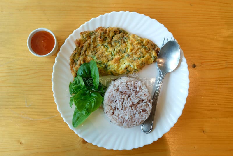 Mince Pork Omelet with Rice on White Dish Stock Image Image of