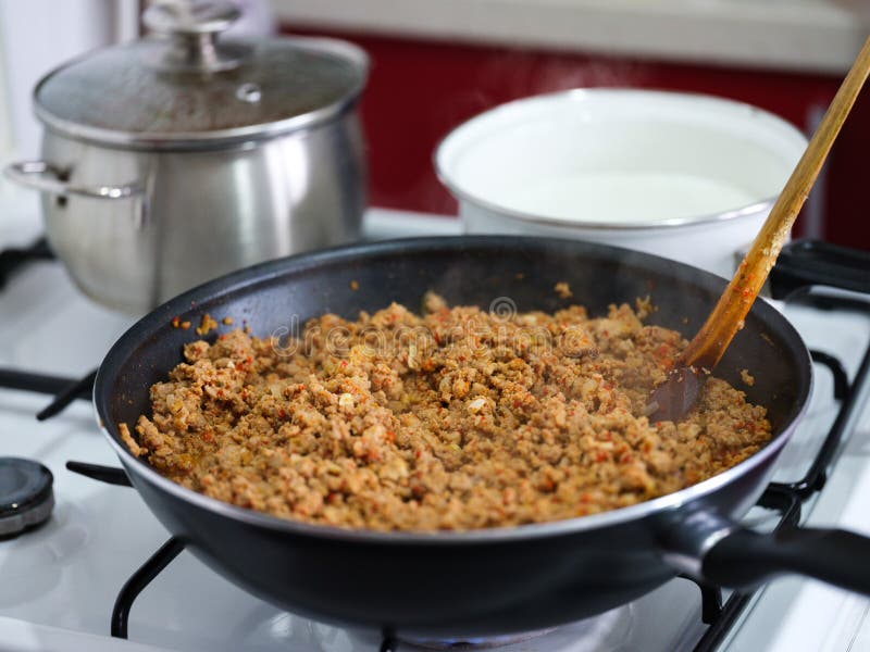 Minced Beef Meat with Sauce in the Pan Stock Image Image of kitchen