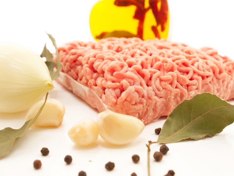 Minced Meat with Spices, Garlic and Onion on White Background Stock Photo Image of hamburger