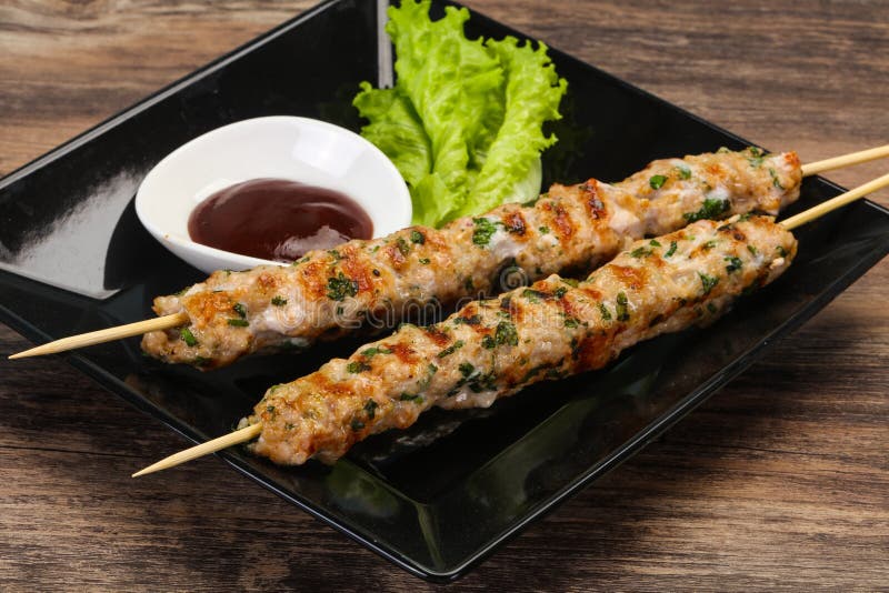 Minced Pork Skewer Kebab with Sauce Stock Photo Image of table, kebab