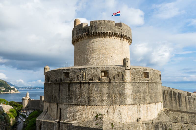 Minceta Tower at sanset lights and Dubrovnik medieval old town city walls, Croatia royalty free stock photo Minceta Tower at sanset lights and Dubrovnik medieval old town city walls, Croatia royalty free stock photo