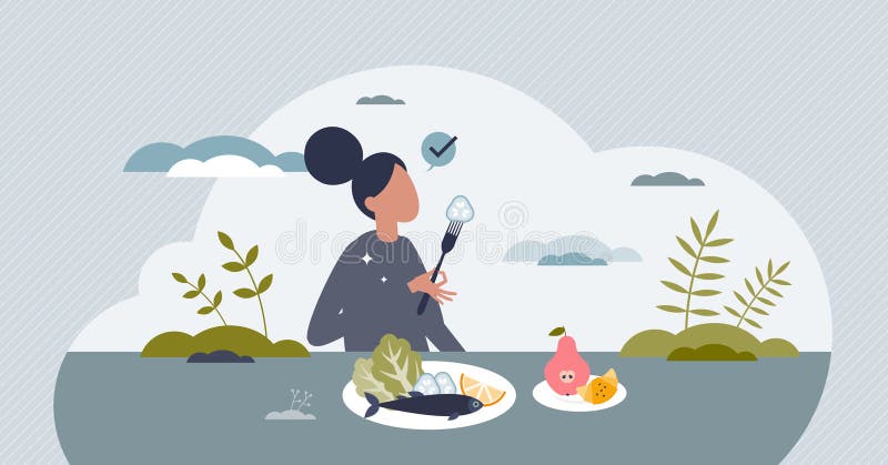 Mindful eating and healthy, balanced food awareness tiny person concept