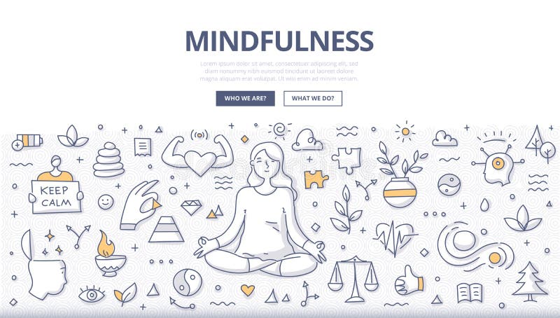 Mindfulness & meditation concept. Woman meditates relaxing in lotus pose. Self-awareness, emotional balance & freedom from stress. Doodle illustration for web banners, hero images, printed materials. Mindfulness & meditation concept. Woman meditates relaxing in lotus pose. Self-awareness, emotional balance & freedom from stress. Doodle illustration for web banners, hero images, printed materials