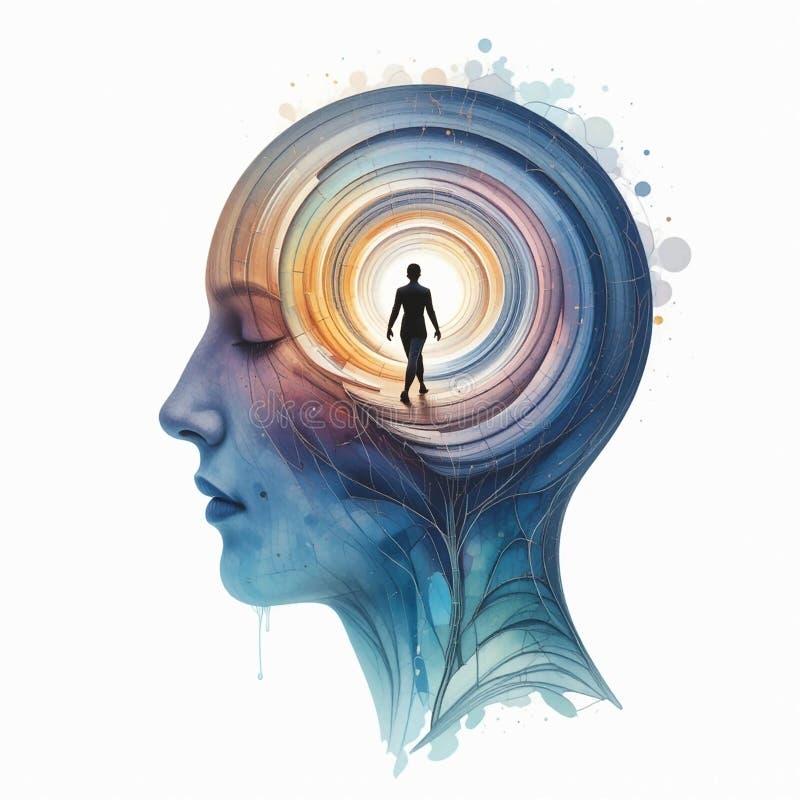 Mindfulness Path: Person Walking a Spiral Path Inside Their Mind stock illustration