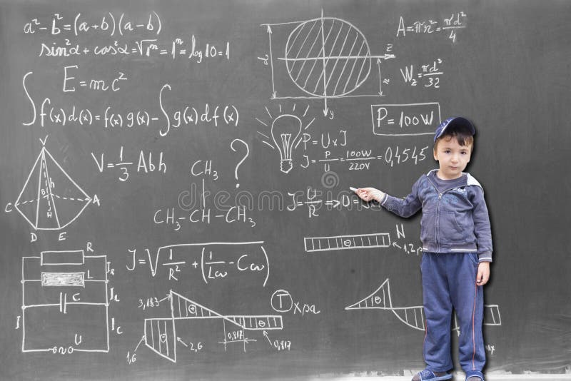Minor genius child at the blackboard writing formulas. Minor genius child at the blackboard writing formulas