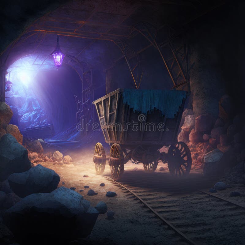 Mine trolley standing on railway tracks inside abandoned undergr royalty free illustration