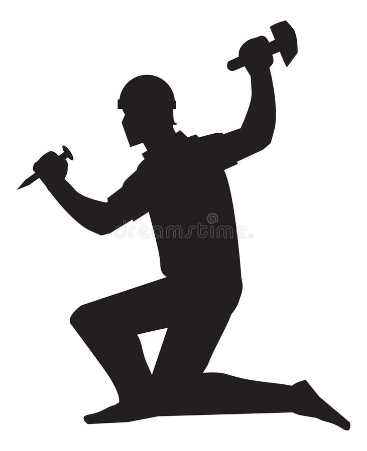 Mine worker, using a chisel and hammer, black silhouette, vector illustrati...