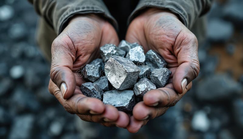 Miner holds raw silver ore in weathered hands. Close-up highlights textures, value of mined minerals. Labor intensive process. royalty free illustration