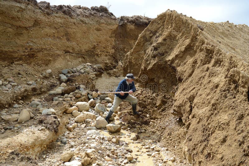 Gold Digger Shows Tourists Alluvial Gold Sand Mined In The Mine On