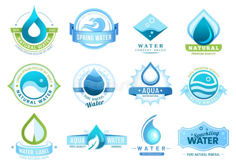 Mineral water labels, drinking water drops, leaf