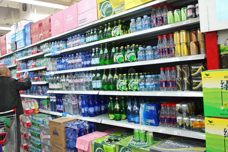 The mineral water in the supermarket stock image