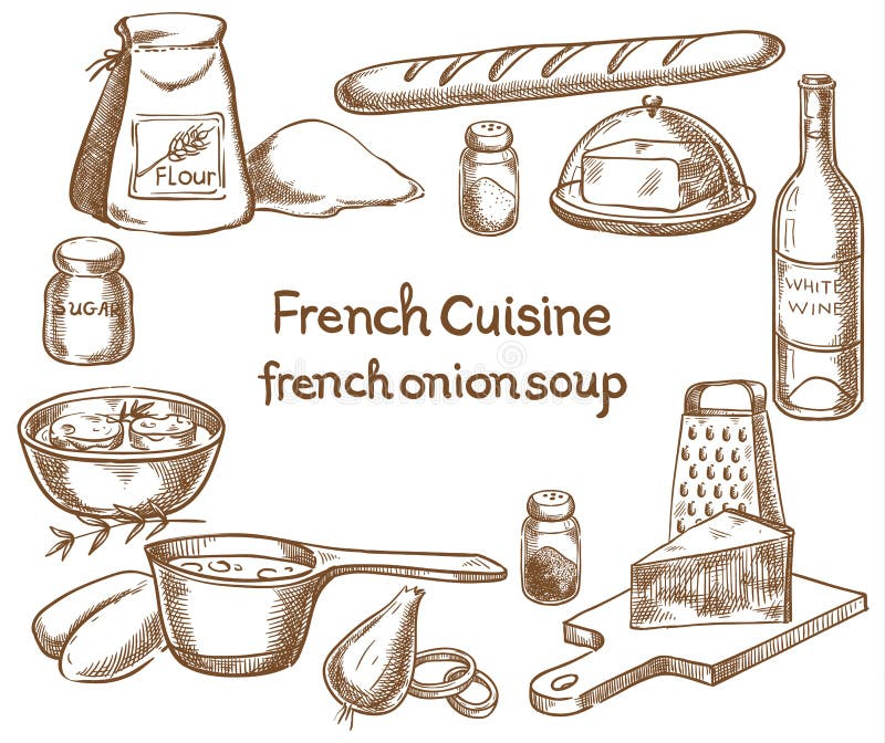 Minestra francese della cipolla, ingredienti illustrazione vettoriale Minestra francese della cipolla, ingredienti illustrazione vettoriale