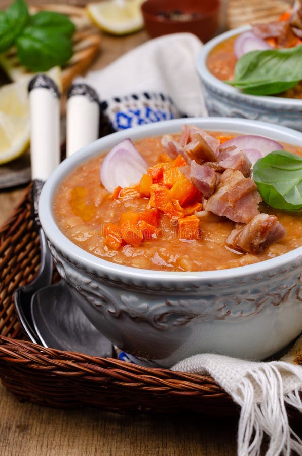 Minestra spessa con le lenticchie, le fette di carne e le verdure immagine stock