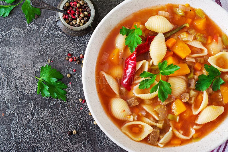 Minestrone, Italian Vegetable Soup with Pasta. Stock Photo - Image of ...