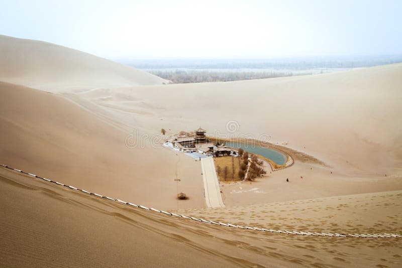 Mingsha shan desert and Crescent moon lake in Dunhuang, Gansu, C