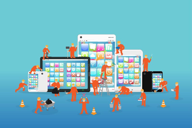 Mini- arbetare som arbetar på en smartphone och en minnestavla stock illustrationer Mini- arbetare som arbetar på en smartphone och en minnestavla stock illustrationer