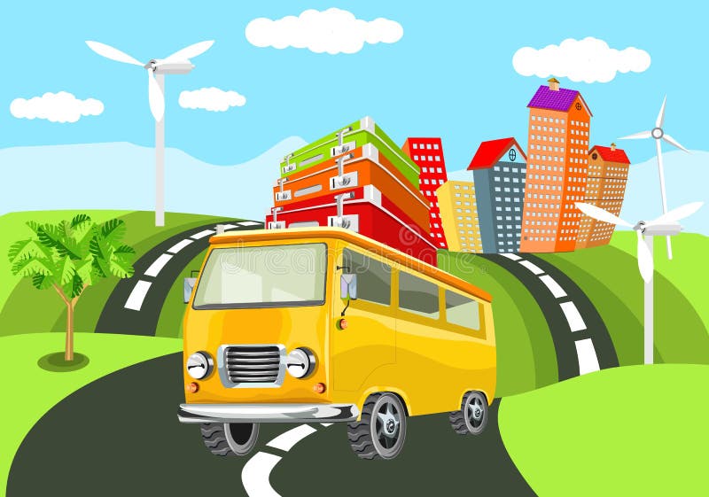 Mini autobús del estilo retro amarillo en el camino, stock de ilustración Mini autobús del estilo retro amarillo en el camino, stock de ilustración