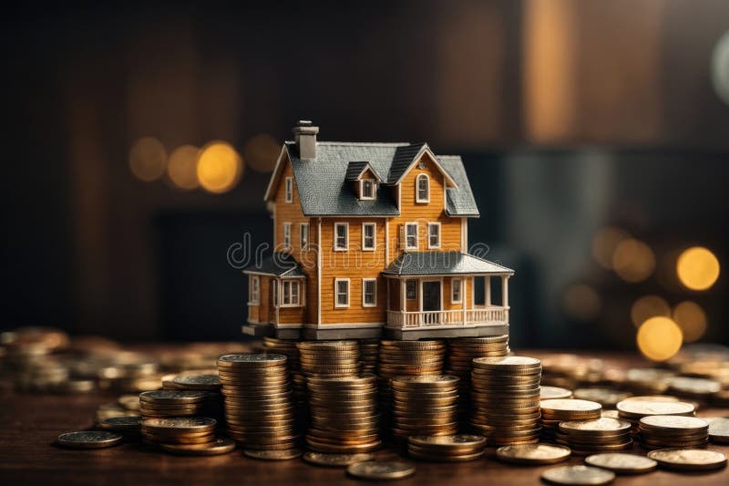 Mini casa en pila de monedas. generador de ai ilustración del vector