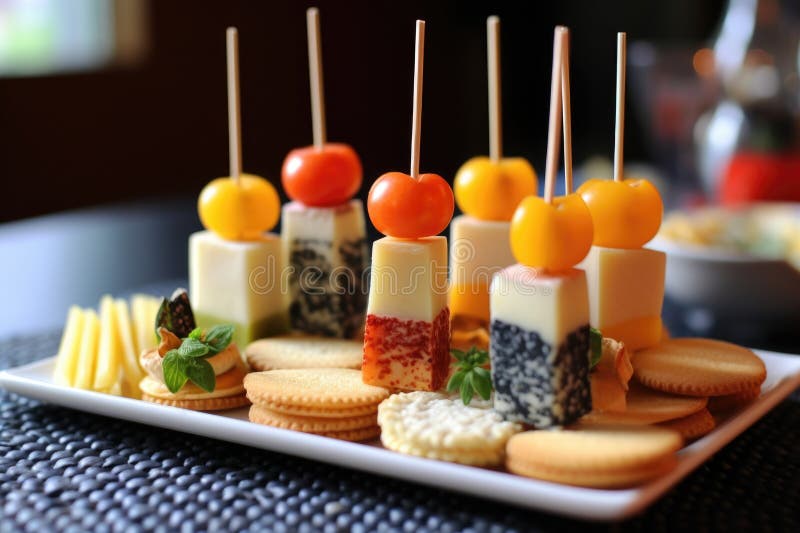 Mini cheese platter with toothpicks and appetizer flags stock photo